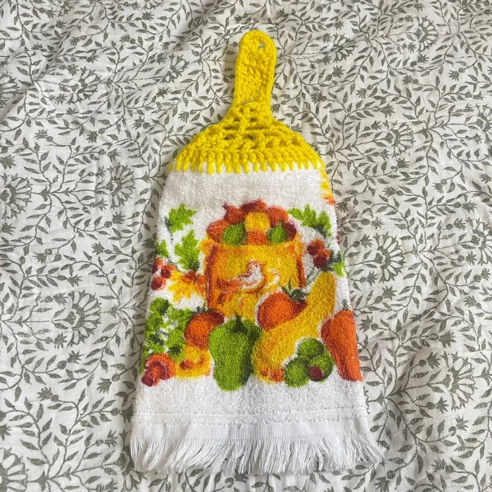 VTG‎ CANNON Hand Kitchen Towel Fringe 70s NOS fruit bird cottage granny